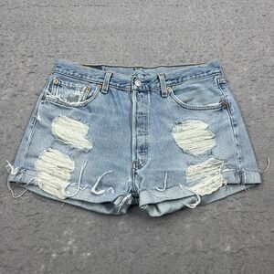 VTG Levis 501 Shorts Womens 28 Light Blue Cut Off Denim Distressed USA Made Boho